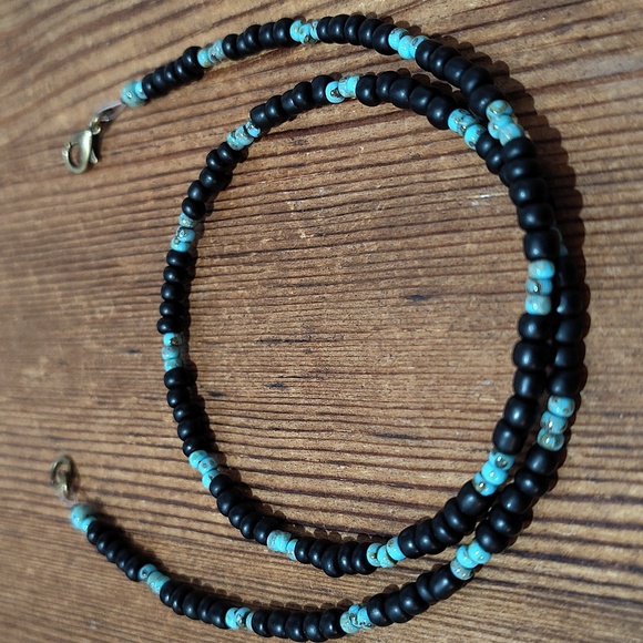 Black and Turquoise Beaded Necklace,  Handmade Men's Necklace,  Black - Picture 5 of 6